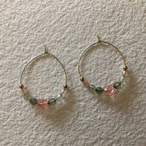 Vintage Pink and Green Crystal Gold Hoops
